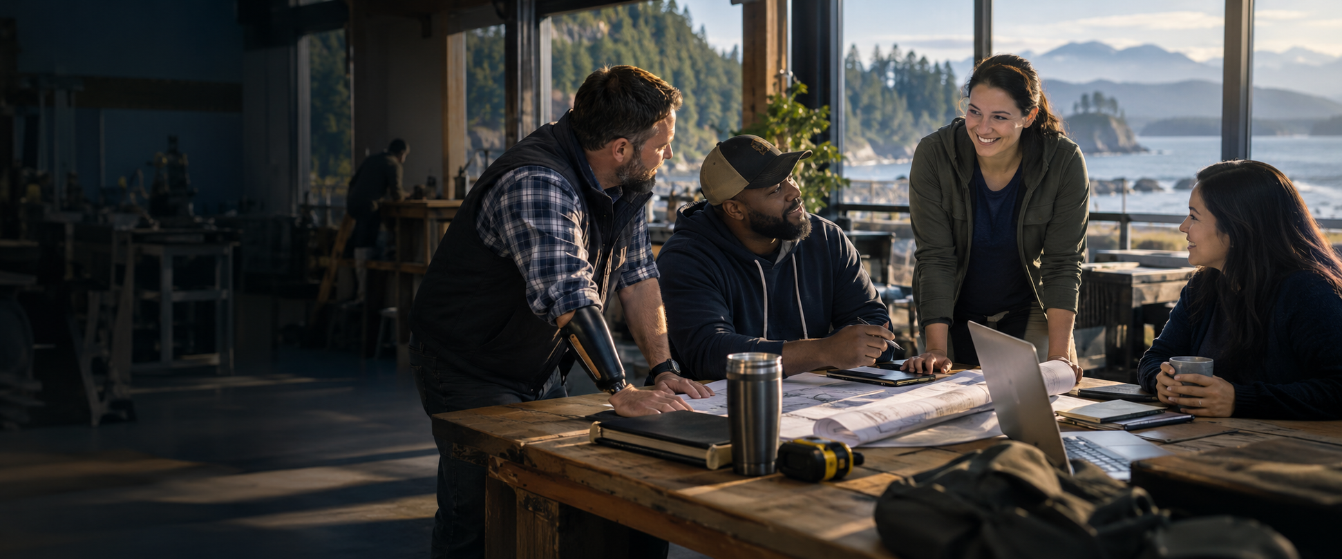 Veterans and community partners collaborating around a workshop table in the Pacific Northwest